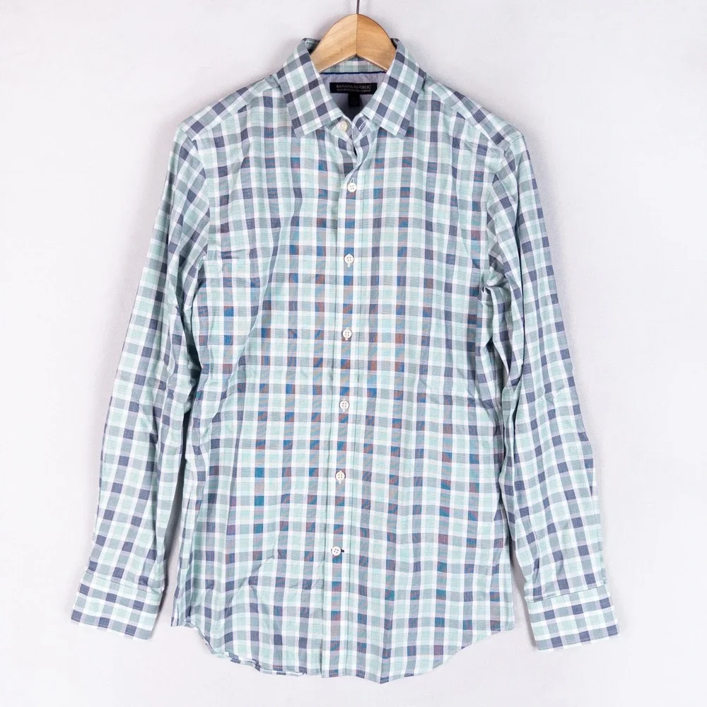 Banana Republic Mens Button Down Shirt S Green Blue Plaid Non-Iron Tailored Slim